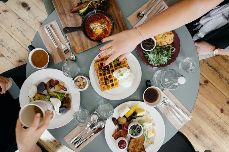 Sample photo: a table of shared plates seen from above